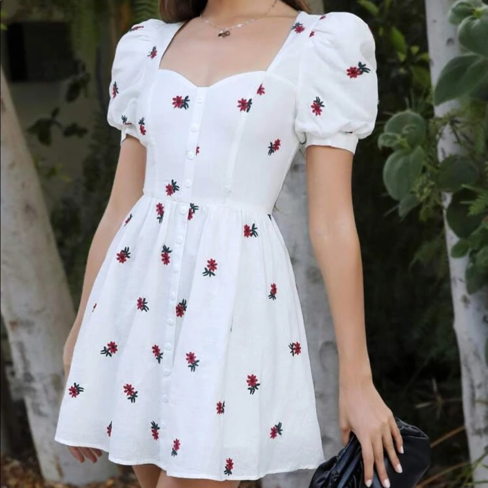 Button Front Floral Embroidered Dress